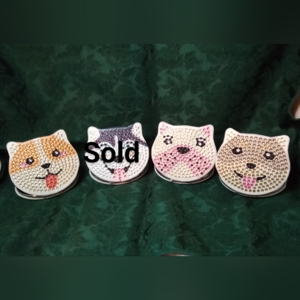 5 for $15, STOCKING STUFFER Handmade Diamonique Dog Compact Mirror,2 views